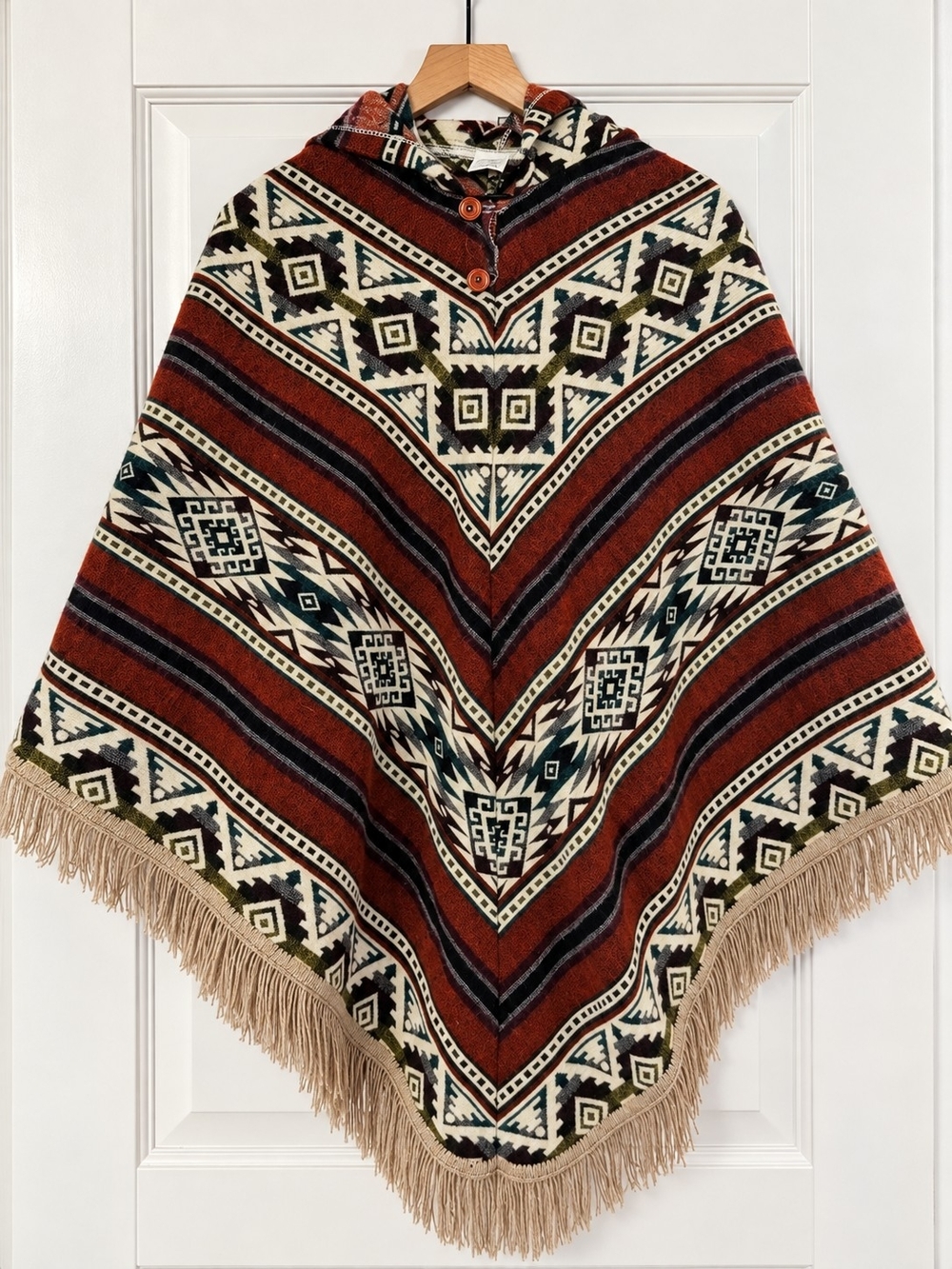 Aztec Southwestern Boho Wool Blend Hooded Pullover Poncho With Fringe Hemline